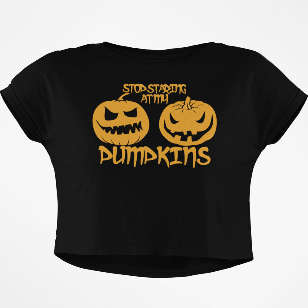 Halloween Staring at my Pumpkins Junior Boxy Crop Top T Shirt Juniors Crop T-Shirts Old Glory SM Black 