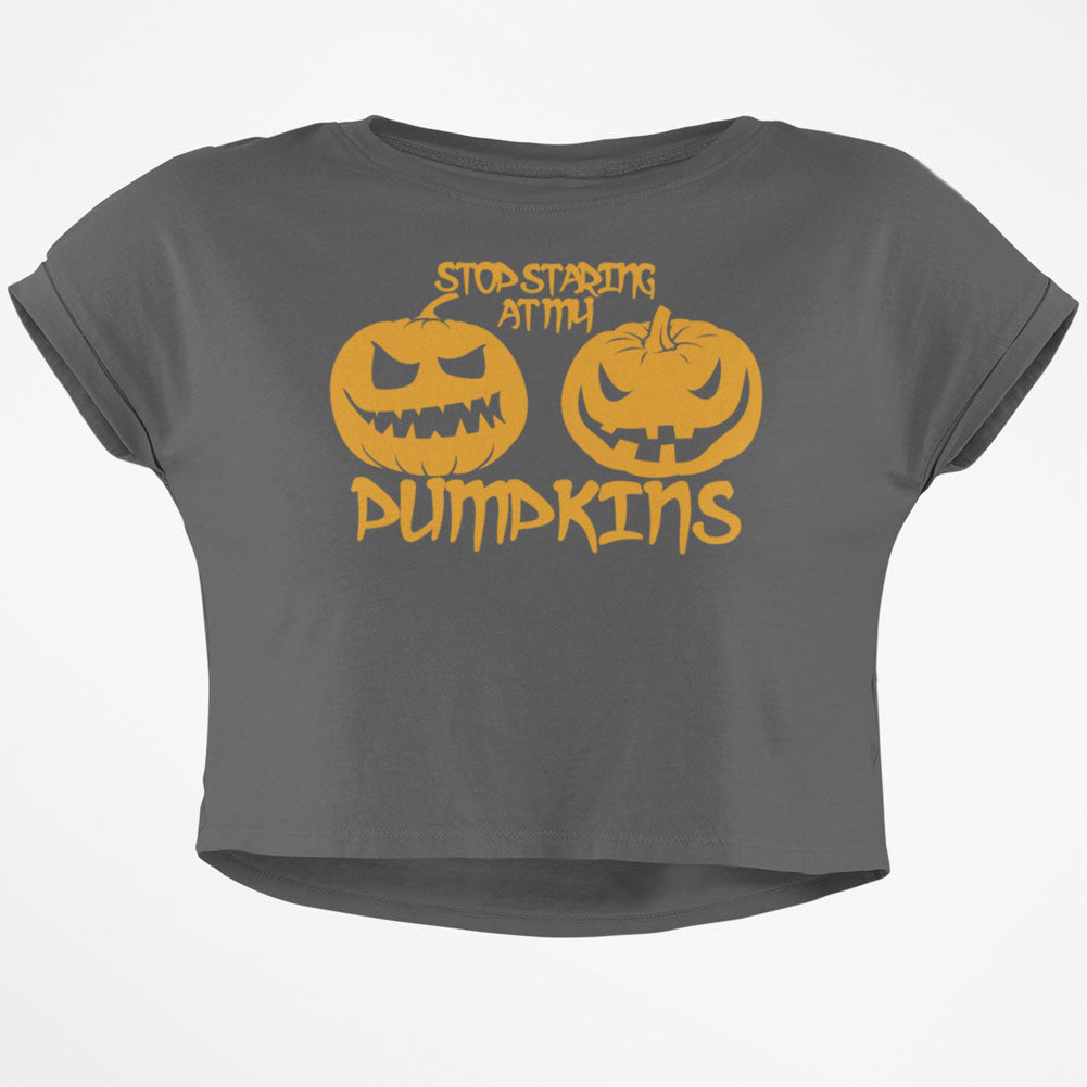 Halloween Staring at my Pumpkins Junior Boxy Crop Top T Shirt Juniors Crop T-Shirts Old Glory SM Grey 