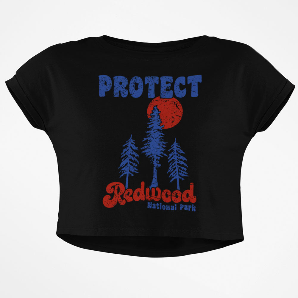 National Park Retro 70s Landscape Protect Redwood Junior Boxy Crop Top T Shirt Juniors Crop T-Shirts Old Glory SM Black 