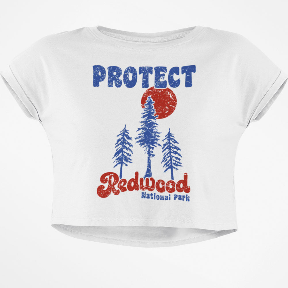 National Park Retro 70s Landscape Protect Redwood Junior Boxy Crop Top T Shirt Juniors Crop T-Shirts Old Glory SM White 