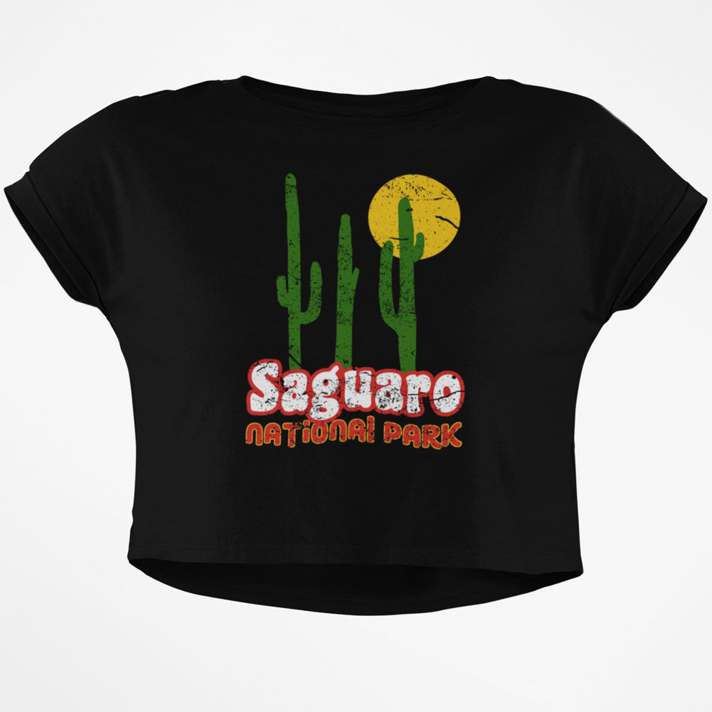 National Park Retro 70s Landscape Saguaro Junior Boxy Crop Top T Shirt Juniors Crop T-Shirts Old Glory SM Black 