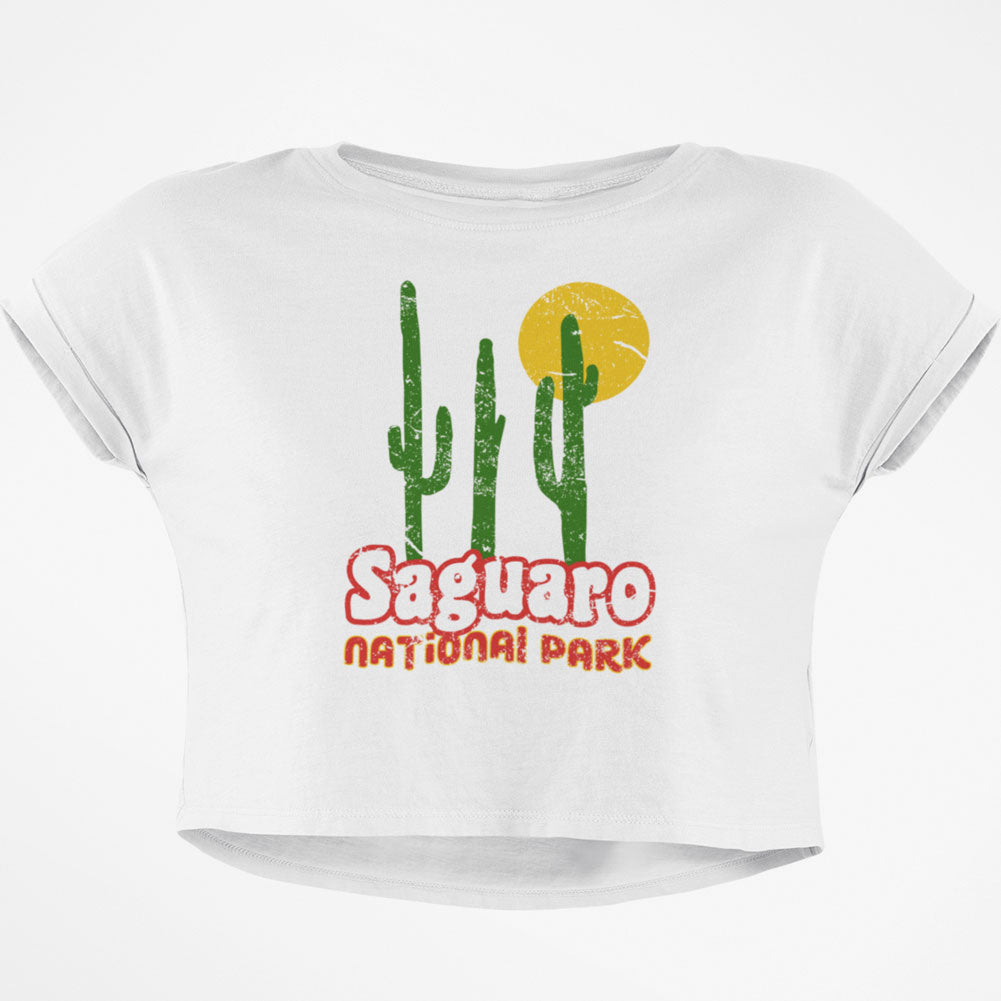 National Park Retro 70s Landscape Saguaro Junior Boxy Crop Top T Shirt Juniors Crop T-Shirts Old Glory SM White 