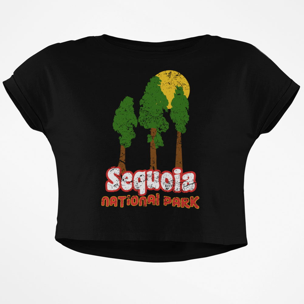 National Park Retro 70s Landscape Sequoia Junior Boxy Crop Top T Shirt Juniors Crop T-Shirts Old Glory SM Black 