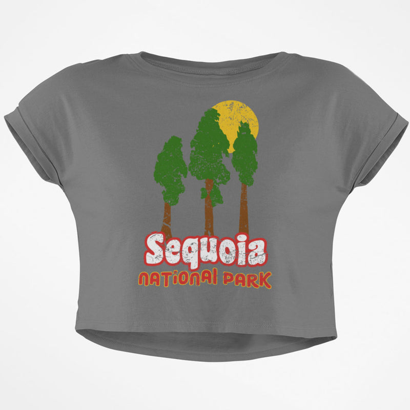 National Park Retro 70s Landscape Sequoia Junior Boxy Crop Top T Shirt Juniors Crop T-Shirts Old Glory SM Grey 