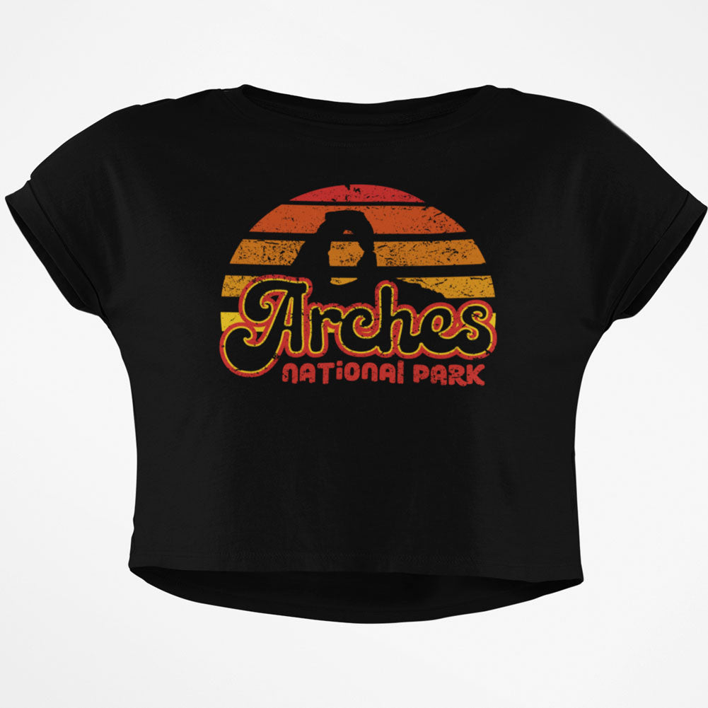 National Park Retro 70s Sunset Arches Junior Boxy Crop Top T Shirt Juniors Crop T-Shirts Old Glory SM Black 