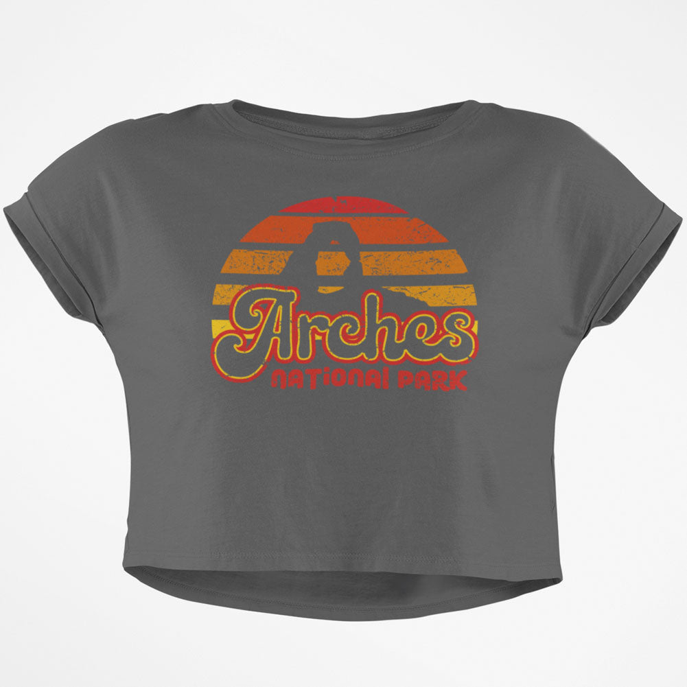 National Park Retro 70s Sunset Arches Junior Boxy Crop Top T Shirt Juniors Crop T-Shirts Old Glory SM Grey 