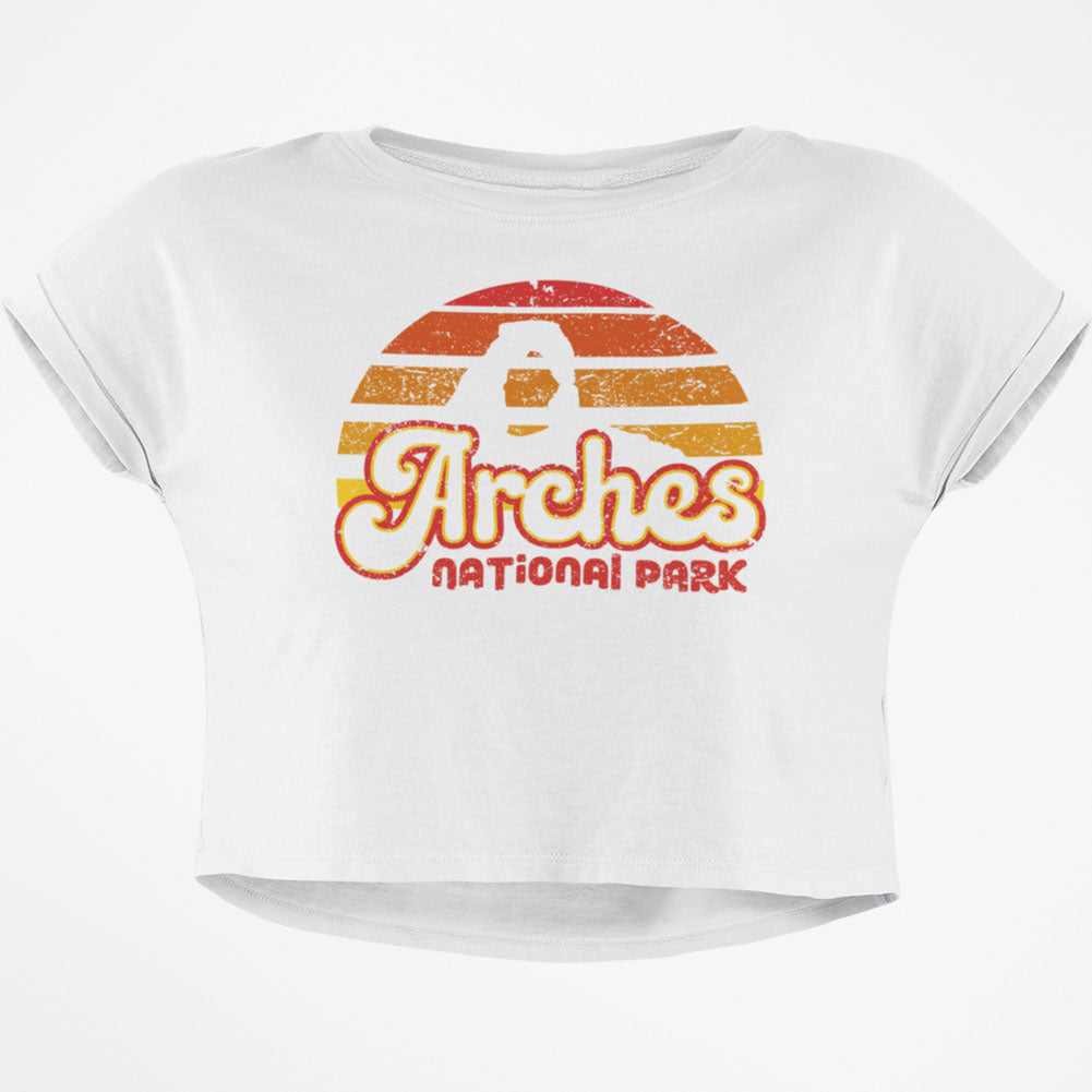 National Park Retro 70s Sunset Arches Junior Boxy Crop Top T Shirt Juniors Crop T-Shirts Old Glory SM White 