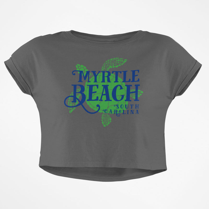 Summer Sun Sea Turtle Myrtle Beach Junior Boxy Crop Top T Shirt Juniors Crop T-Shirts Old Glory SM Grey 