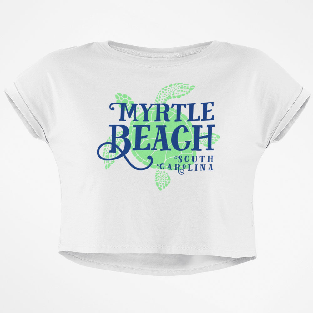 Summer Sun Sea Turtle Myrtle Beach Junior Boxy Crop Top T Shirt Juniors Crop T-Shirts Old Glory SM White 