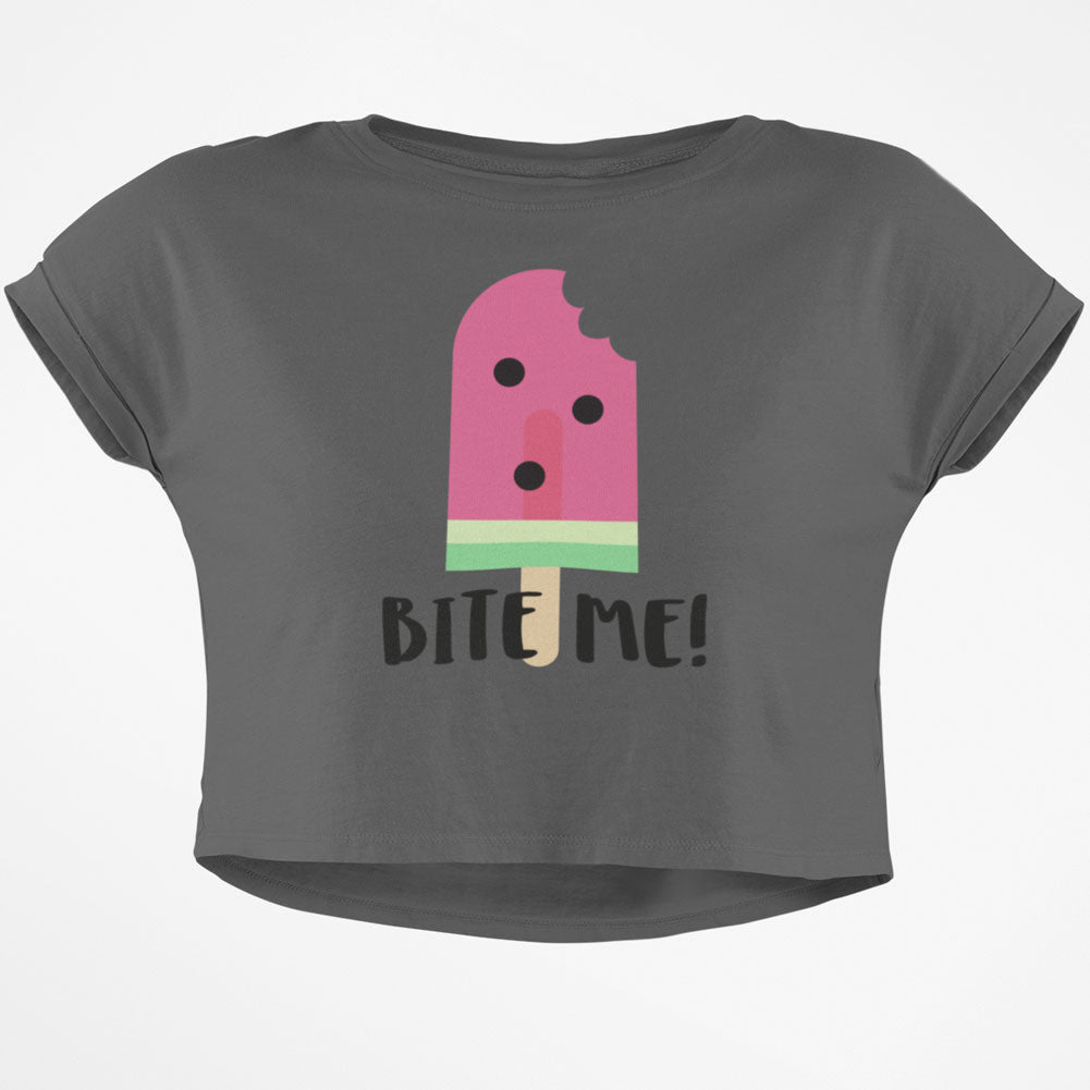 Summer Sun Ice Pop Watermelon Bite Me Junior Boxy Crop Top T Shirt Juniors Crop T-Shirts Old Glory SM Grey 