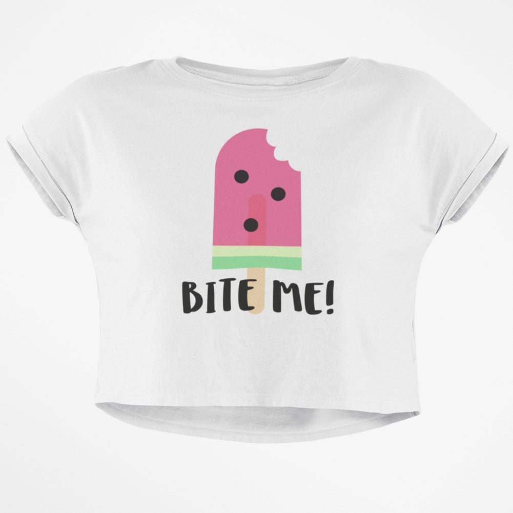 Summer Sun Ice Pop Watermelon Bite Me Junior Boxy Crop Top T Shirt Juniors Crop T-Shirts Old Glory SM White 