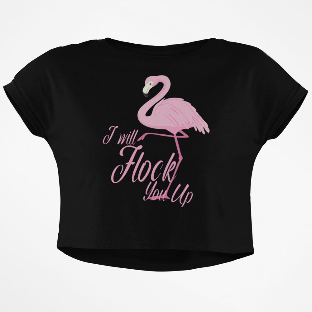 Flamingo I Will Flock You Up Junior Boxy Crop Top T Shirt Juniors Crop T-Shirts Old Glory SM Black 