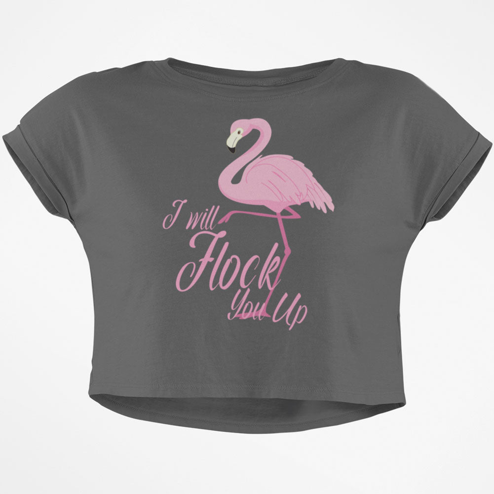 Flamingo I Will Flock You Up Junior Boxy Crop Top T Shirt Juniors Crop T-Shirts Old Glory SM Grey 