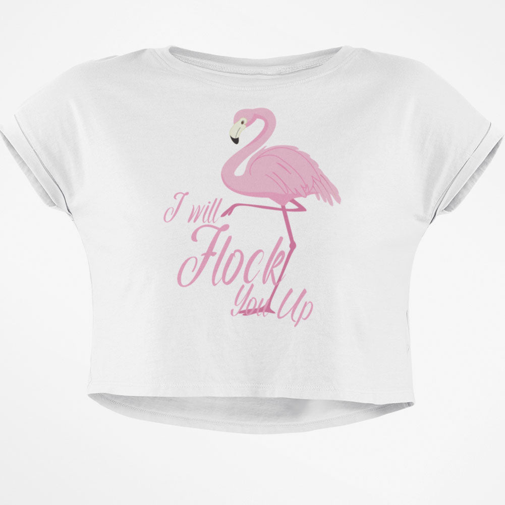 Flamingo I Will Flock You Up Junior Boxy Crop Top T Shirt Juniors Crop T-Shirts Old Glory SM White 