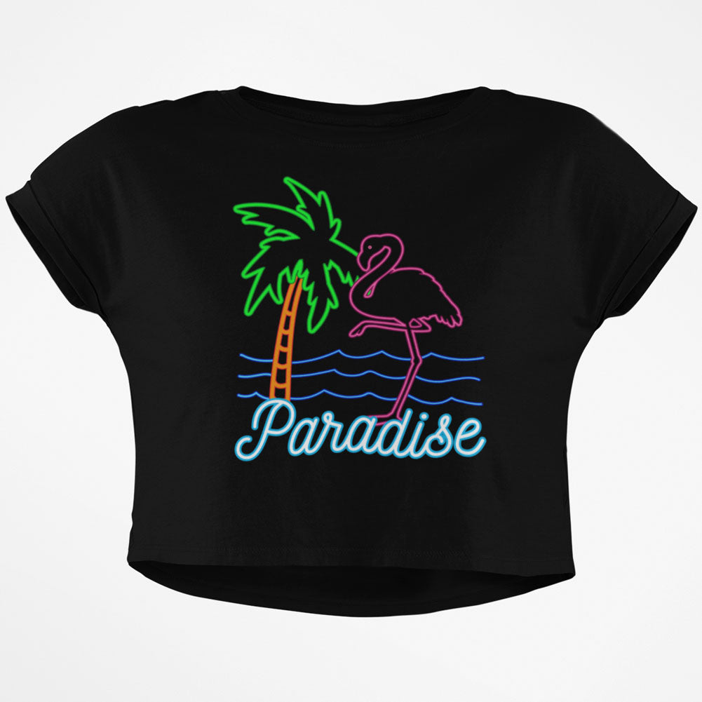 Retro 80s Neon Sign Flamingo Paradise Junior Boxy Crop Top T Shirt Juniors Crop T-Shirts Old Glory SM Black 