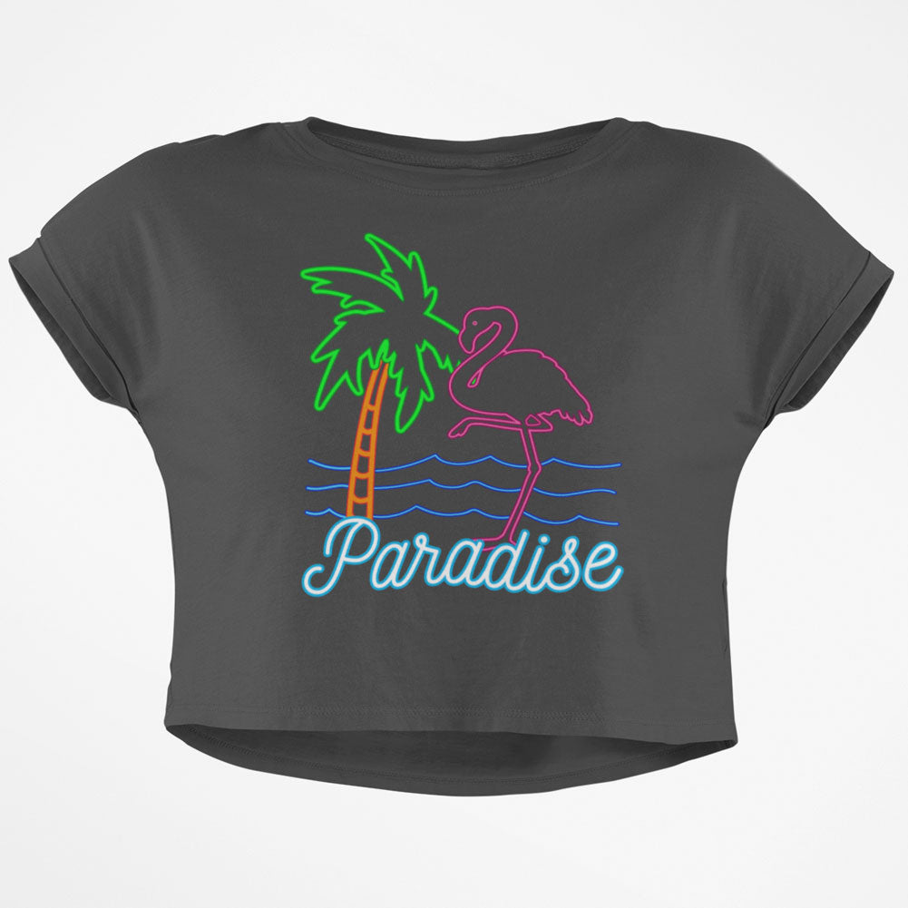 Retro 80s Neon Sign Flamingo Paradise Junior Boxy Crop Top T Shirt Juniors Crop T-Shirts Old Glory SM Grey 