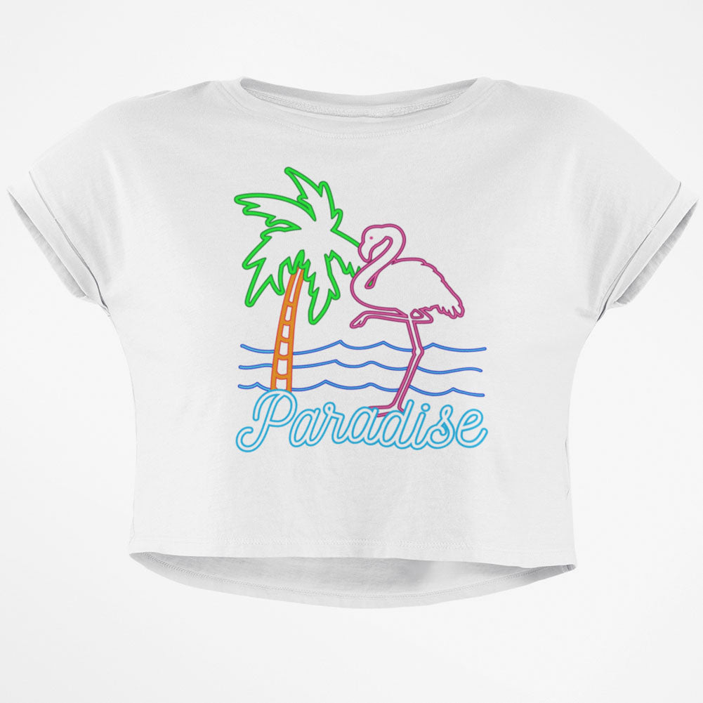 Retro 80s Neon Sign Flamingo Paradise Junior Boxy Crop Top T Shirt Juniors Crop T-Shirts Old Glory SM White 