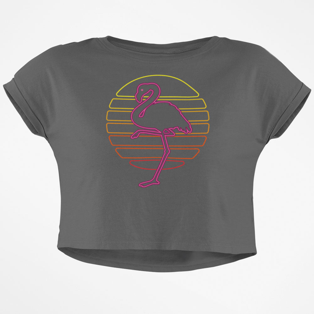 Retro 80s Neon Sign Flamingo Sunset Junior Boxy Crop top T Shirt Juniors Crop T-Shirts Old Glory SM Grey 