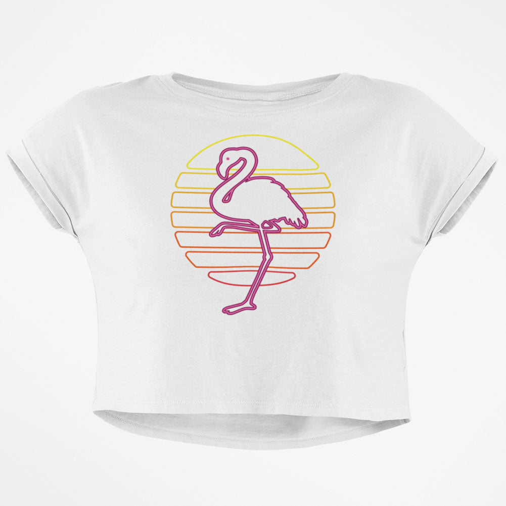 Retro 80s Neon Sign Flamingo Sunset Junior Boxy Crop top T Shirt Juniors Crop T-Shirts Old Glory SM White 