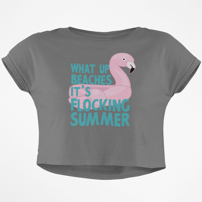 Flamingo What Up Beaches It's Flocking Summer Funny Pun Junior Boxy Crop Top T Shirt Juniors Crop T-Shirts Old Glory SM Grey 