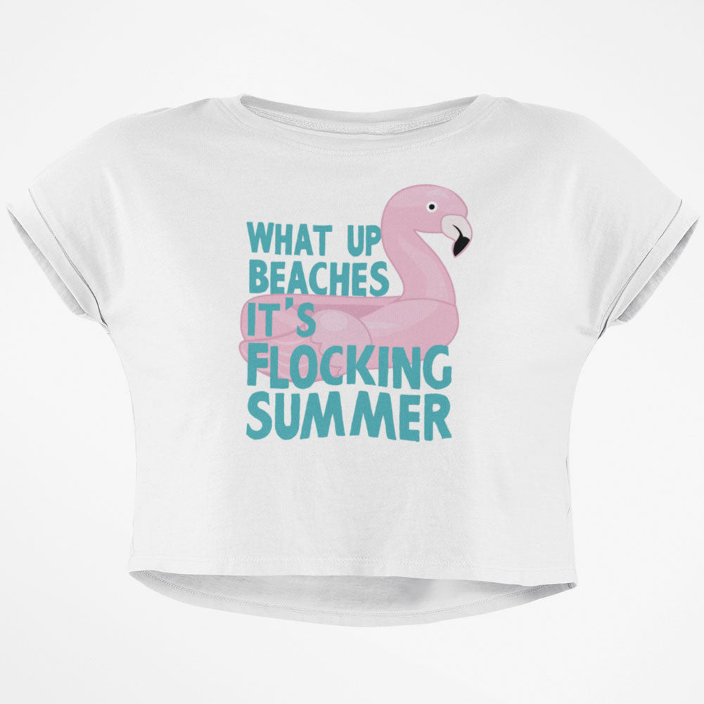 Flamingo What Up Beaches It's Flocking Summer Funny Pun Junior Boxy Crop Top T Shirt Juniors Crop T-Shirts Old Glory SM White 