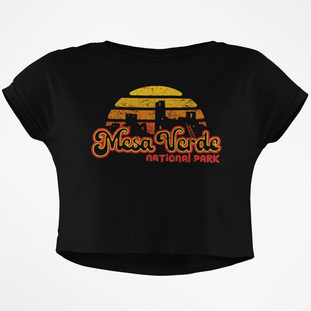 National Park Retro 70s Sunset Mesa Verde Junior Boxy Crop Top T Shirt Juniors Crop T-Shirts Old Glory SM Black 