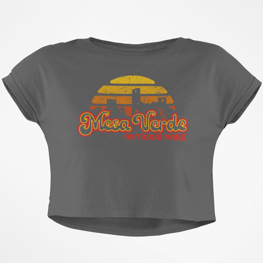 National Park Retro 70s Sunset Mesa Verde Junior Boxy Crop Top T Shirt Juniors Crop T-Shirts Old Glory SM Grey 