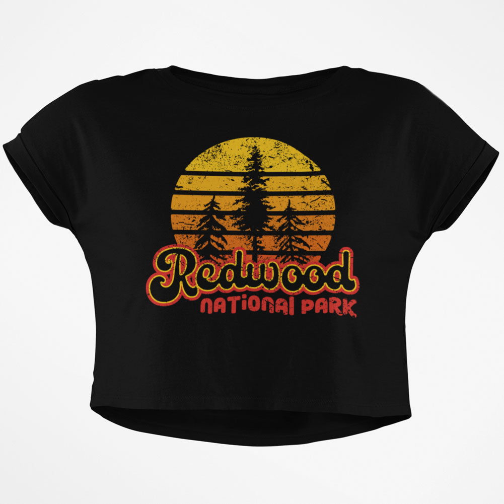 National Park Retro 70s Sunset Redwood Junior Boxy Crop Top T Shirt Juniors Crop T-Shirts Old Glory SM Black 