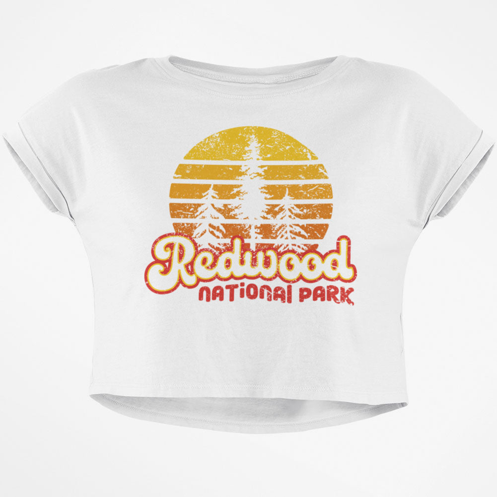 National Park Retro 70s Sunset Redwood Junior Boxy Crop Top T Shirt Juniors Crop T-Shirts Old Glory SM White 