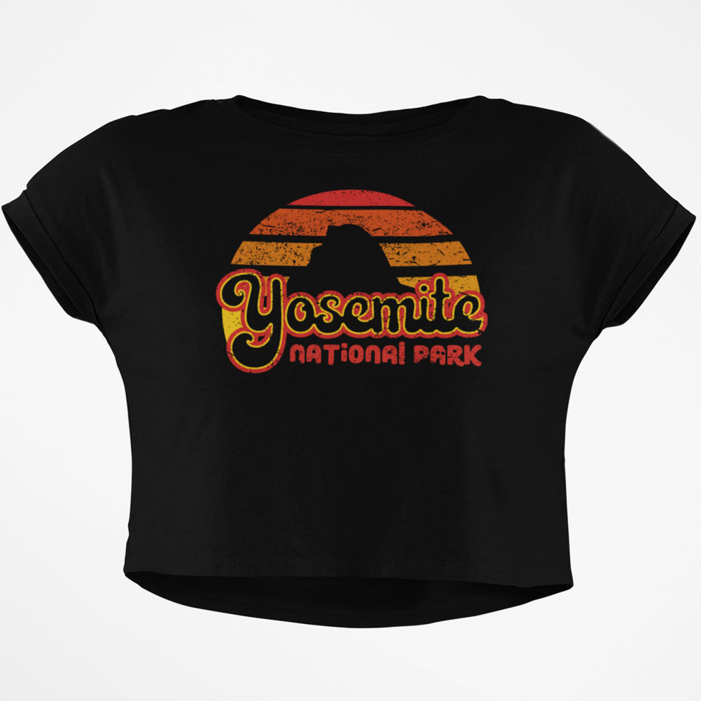 National Park Retro 70s Sunset Yosemite Junior Boxy Crop Top T Shirt Juniors Crop T-Shirts Old Glory SM Black 