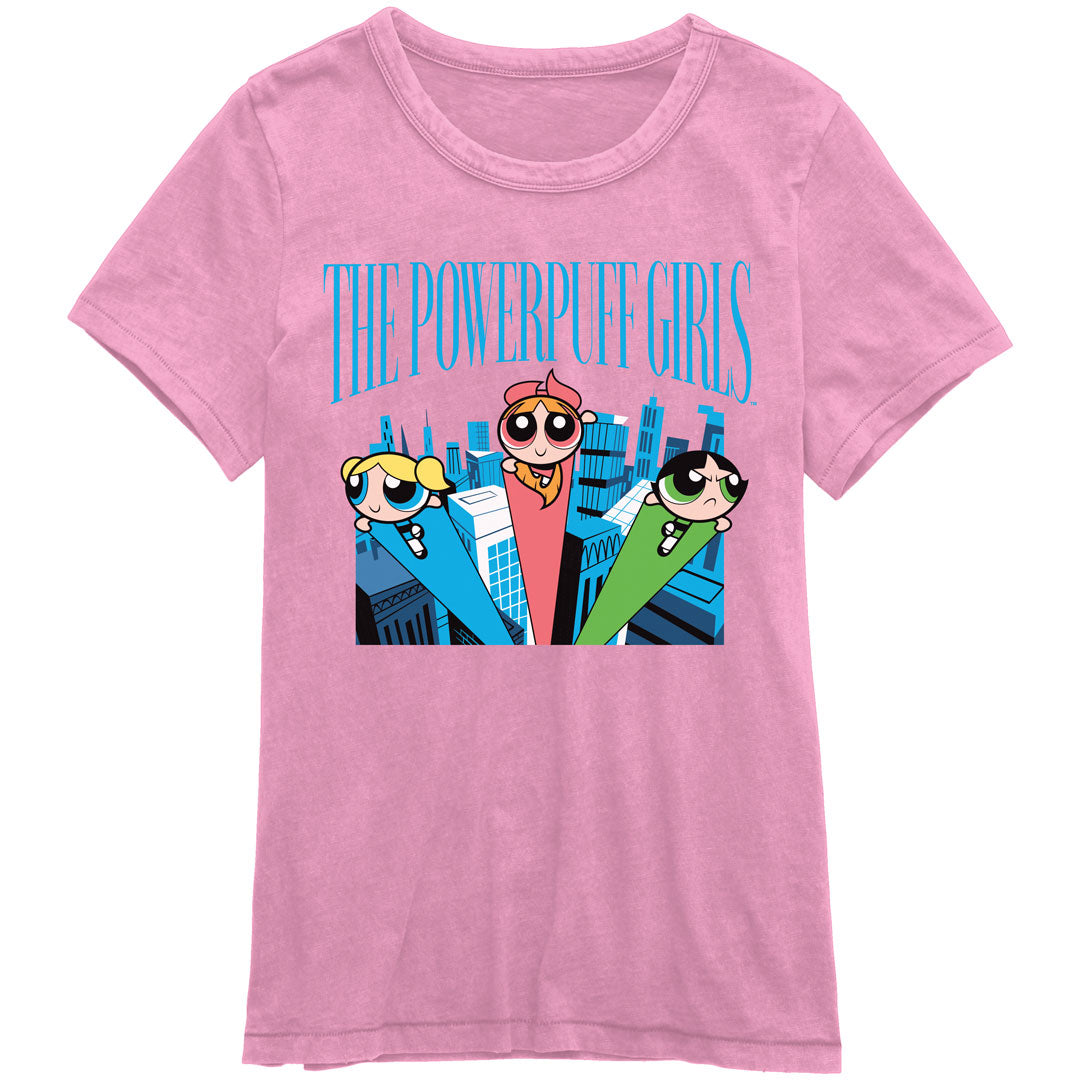 Powerpuff Girls - City Flight Juniors T Shirt Juniors T-Shirts Isaac Morris SM Pink 