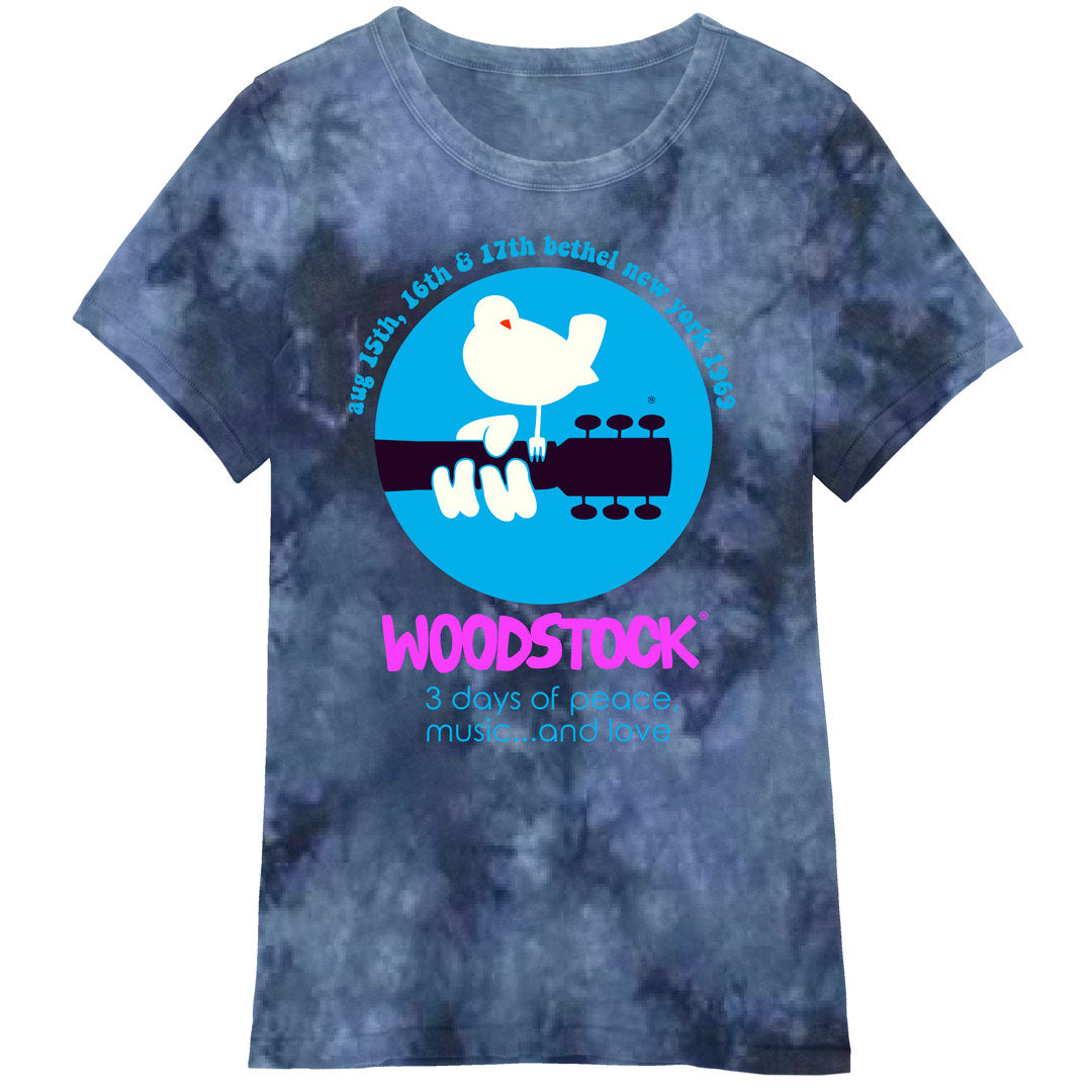 Woodstock - Circle Poster Logo Juniors Tie Dye T Shirt Juniors T-Shirts Isaac Morris SM Blue 