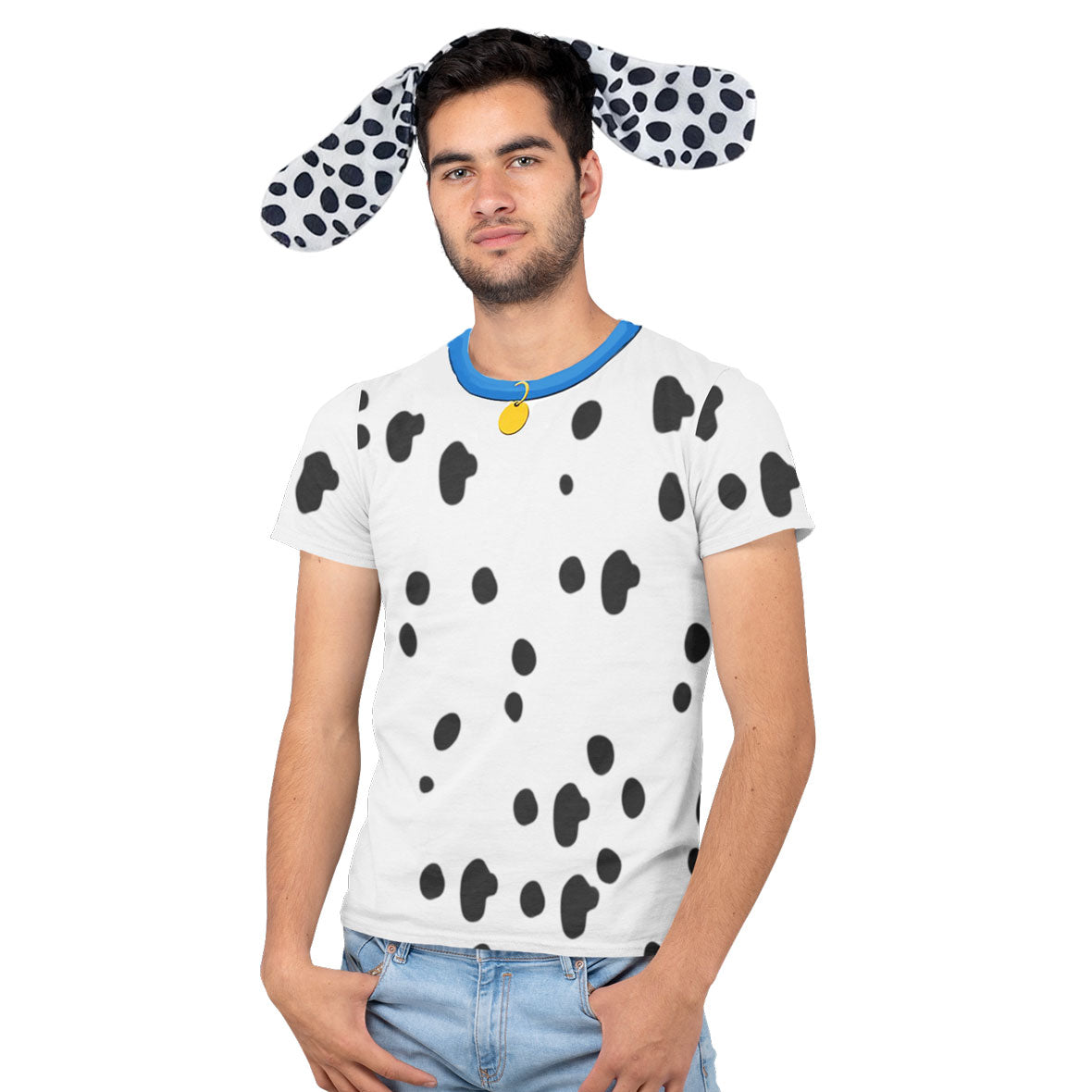 Halloween Costume Dalmatian with Blue Collar Mens Sublimation T Shirt with Dog Ears Headband Shirts Old Glory   