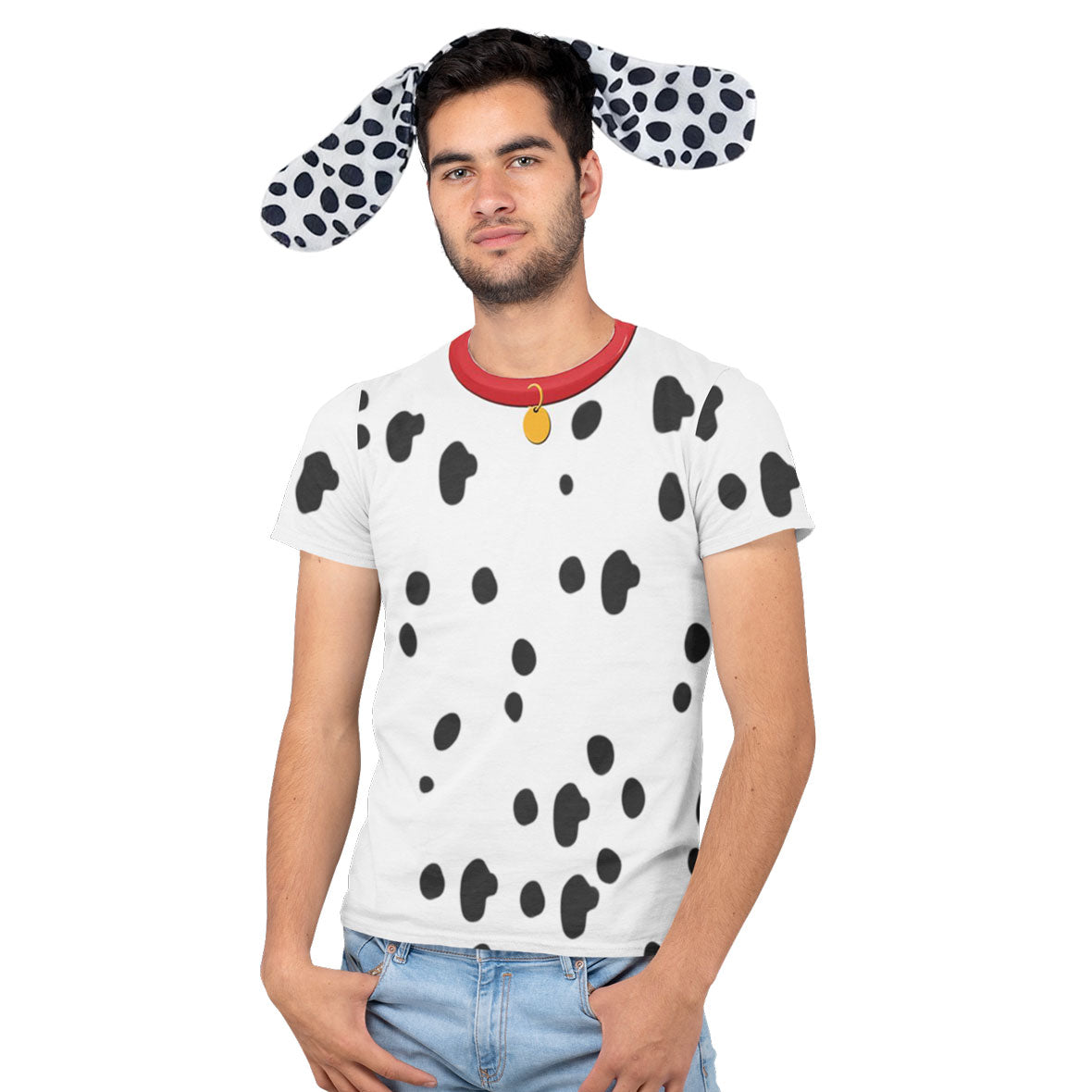 Halloween Costume Dalmatian with Red Collar Mens Sublimation T Shirt with Dog Ears Headband Shirts Old Glory   