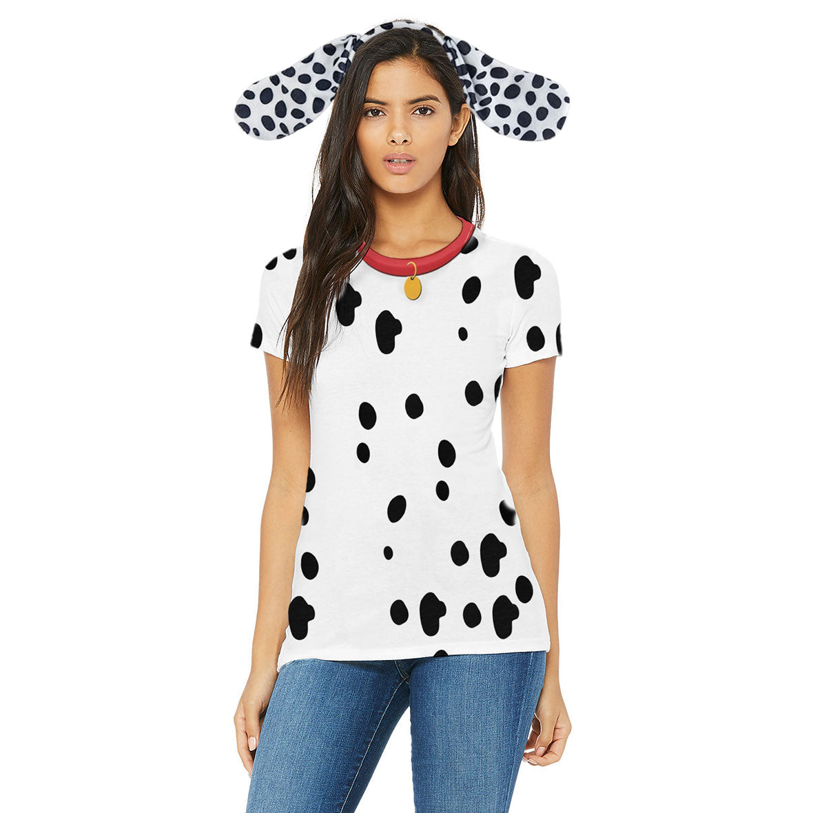 Halloween Costume Dalmatian with Red Collar Womens Sublimation T Shirt with Dog Ears Headband Shirts Old Glory   