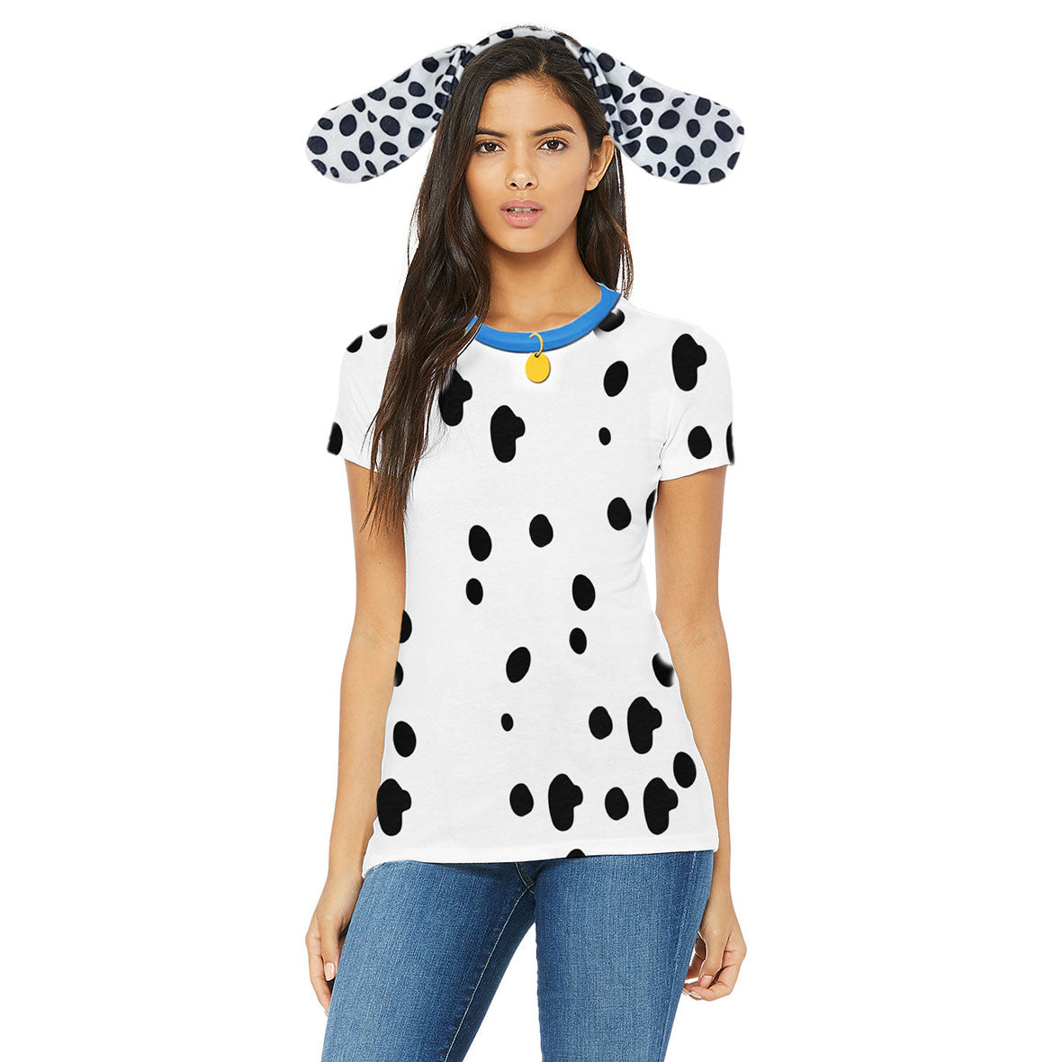 Halloween Costume Dalmatian with Blue Collar Womens Sublimation T Shirt with Dog Ears Headband Shirts Old Glory   