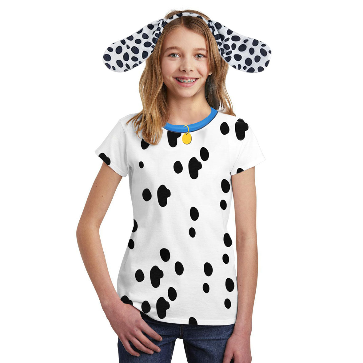 Halloween Costume Dalmatian with Blue Collar Big Kids Sublimation T Shirt with Dog Ears Headband Shirts Old Glory   