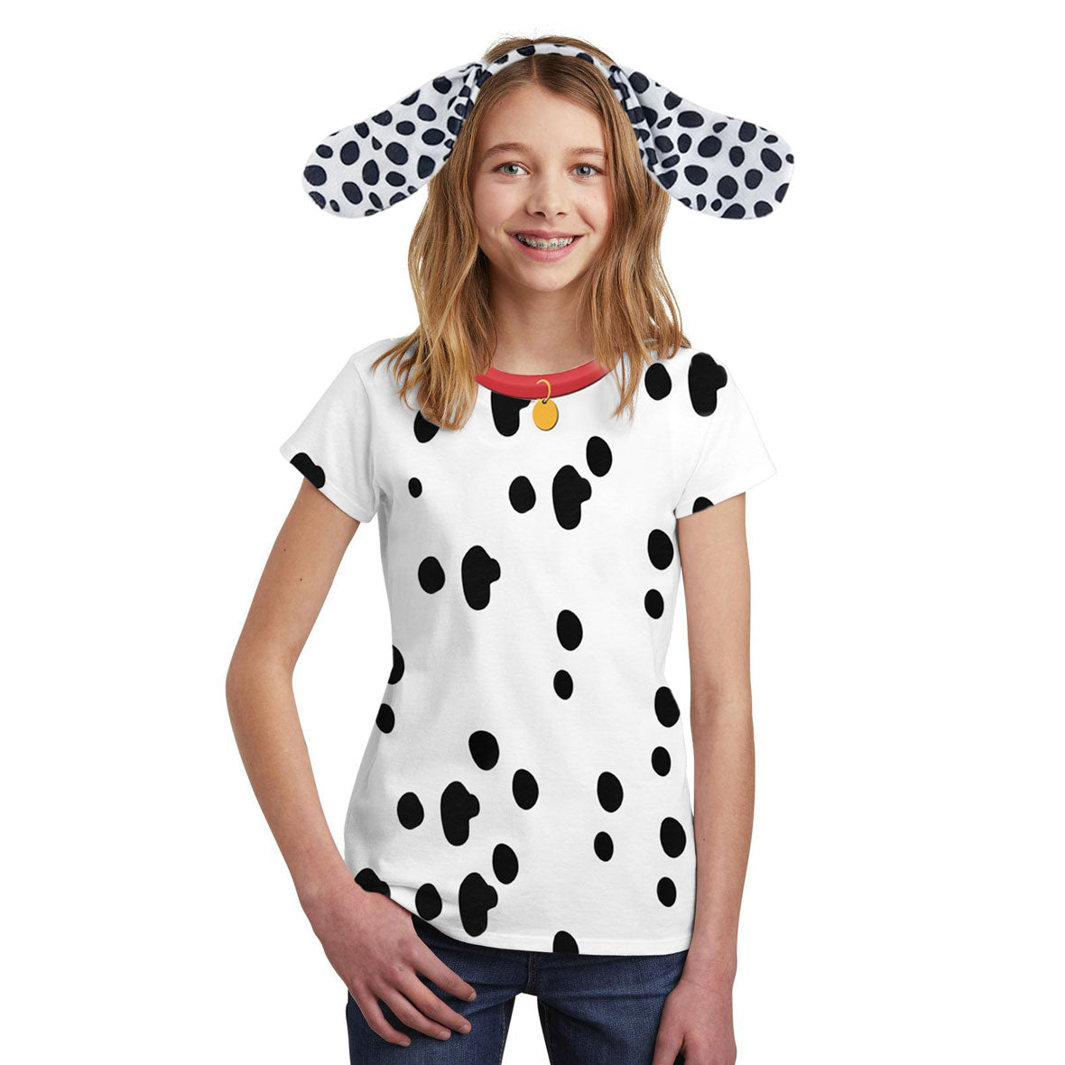 Halloween Costume Dalmatian with Red Collar Big Kids Sublimation T Shirt with Dog Ears Headband Shirts Old Glory   