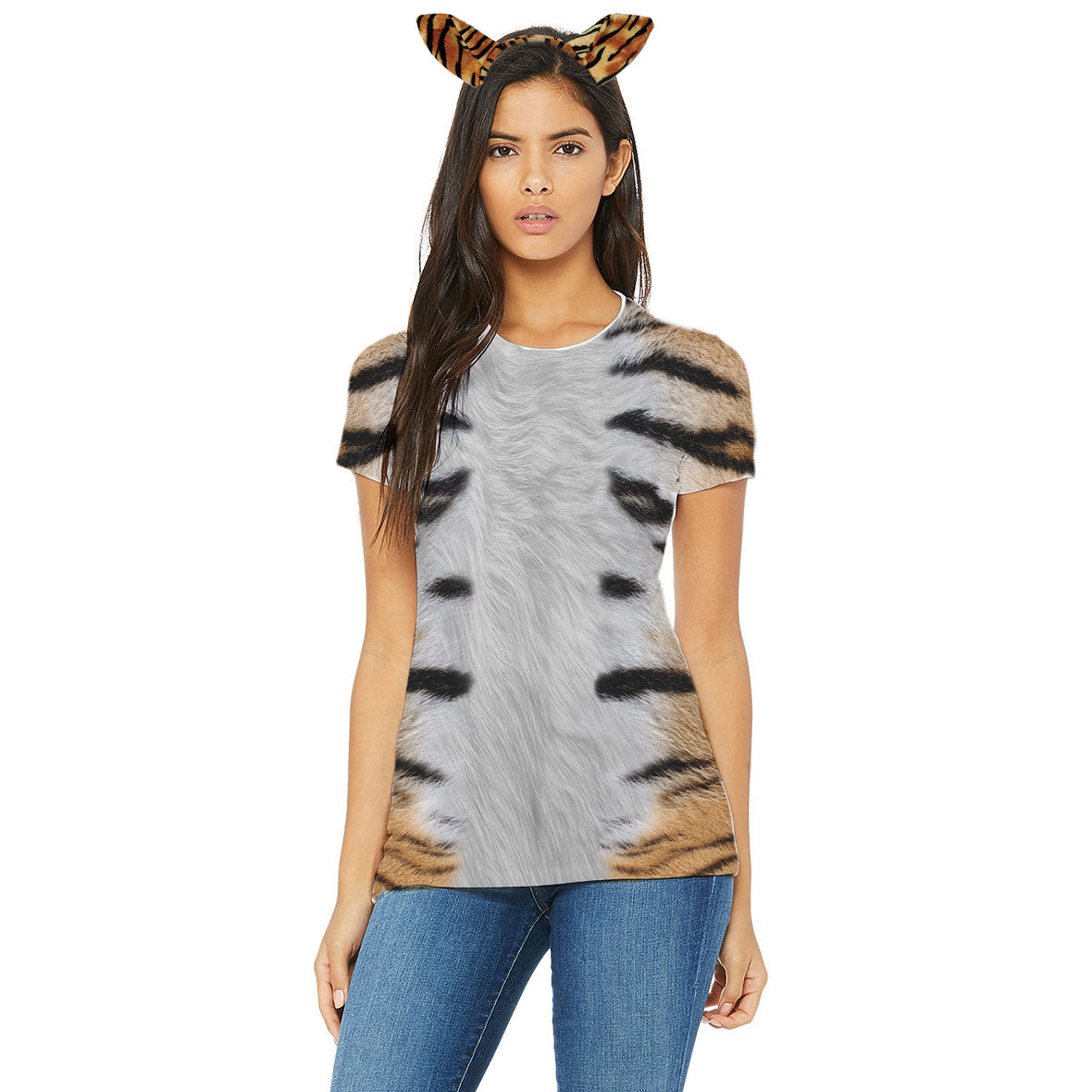 Halloween Costume Tiger All Over Womens Costume T Shirt with Tiger Ears Headband Shirts Old Glory   