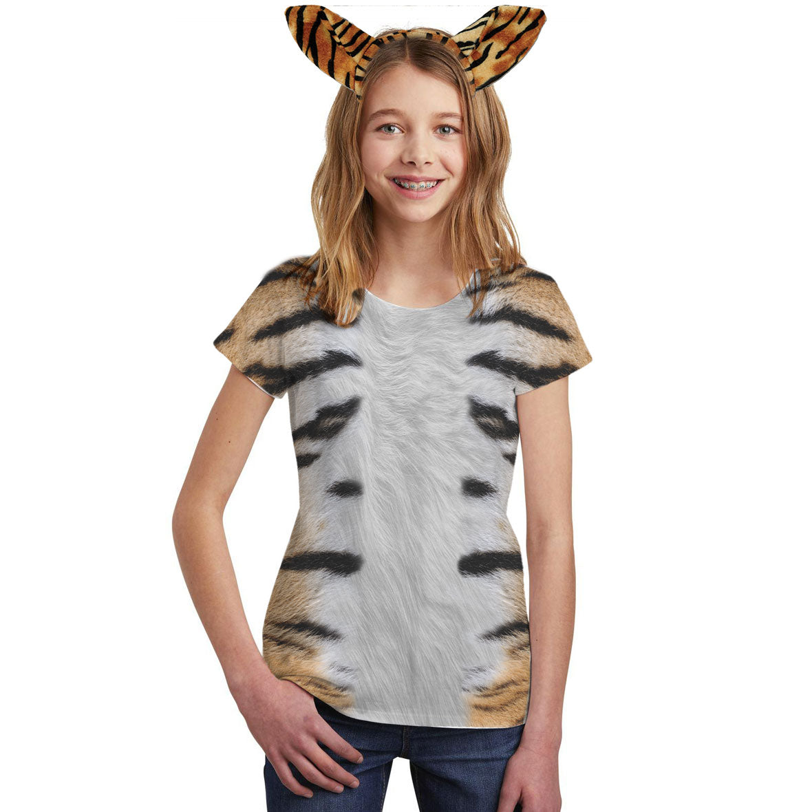 Halloween Costume Tiger All Over Big Kid Costume T Shirt with Tiger Ears Headband Shirts Old Glory   