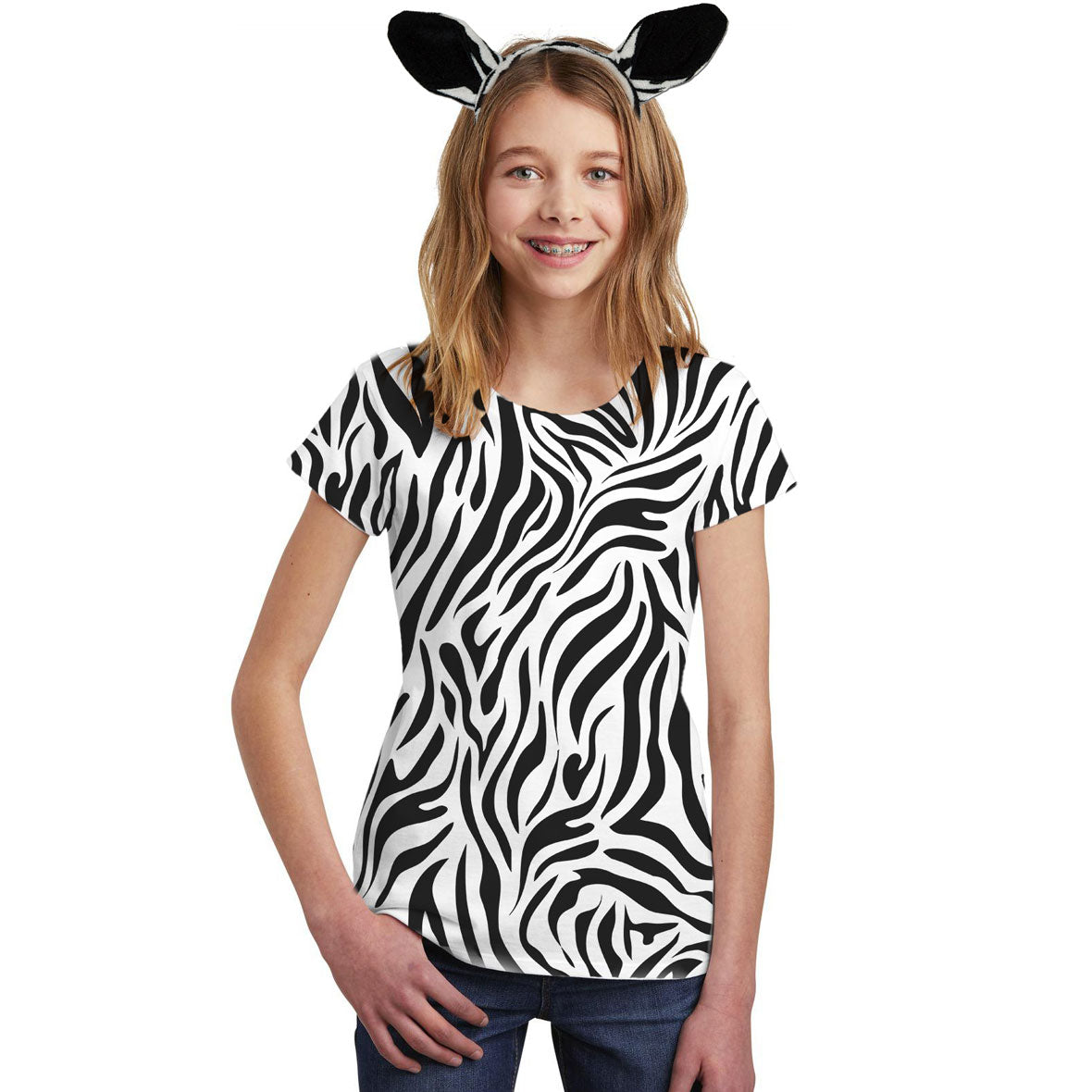 Halloween Costume White Zebra Pattern All Over Big Kid Costume T Shirt with Zebra Ears Headband Shirts Old Glory   