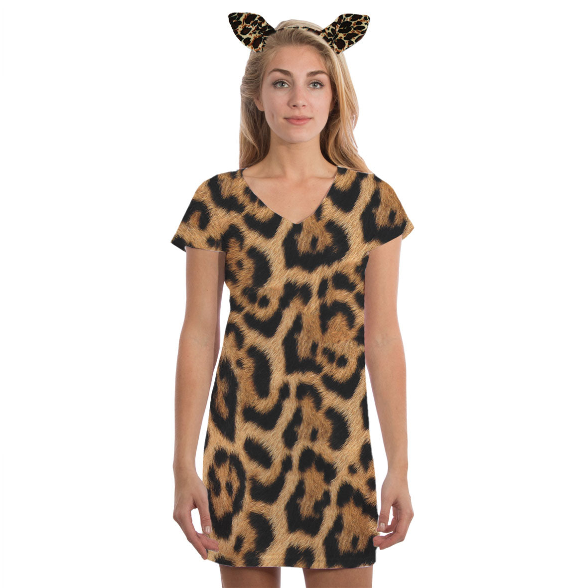 Halloween Costume Leopard Pattern All Over Juniors Beach Cover-Up Costume Dress with Leopard Ears Headband Shirts Old Glory   