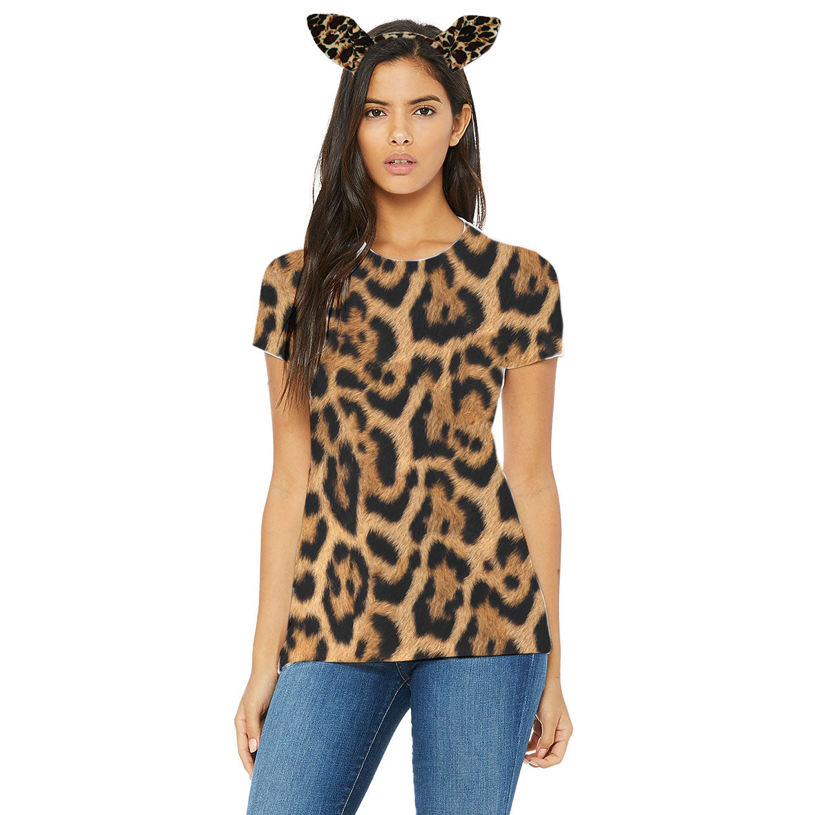 Halloween Costume Leopard Pattern All Over Womens Costume T Shirt with Leopard Ears Headband Shirts Old Glory   