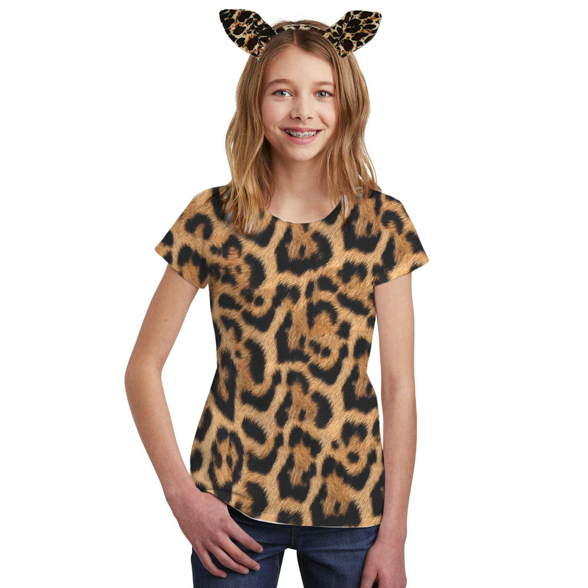 Halloween Costume Leopard Pattern All Over Big Kid Costume T Shirt with Leopard Ears Headband Shirts Old Glory   