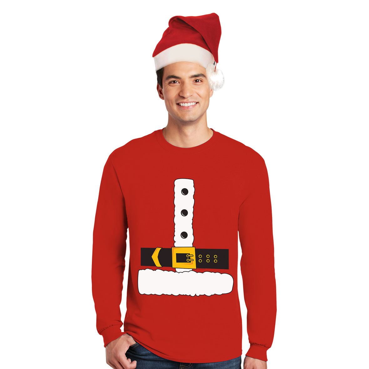 Christmas Costume Santa Claus Mens Long Sleeve Costume T Shirt with Santa Hat Men's Long Sleeves Christmas SM  