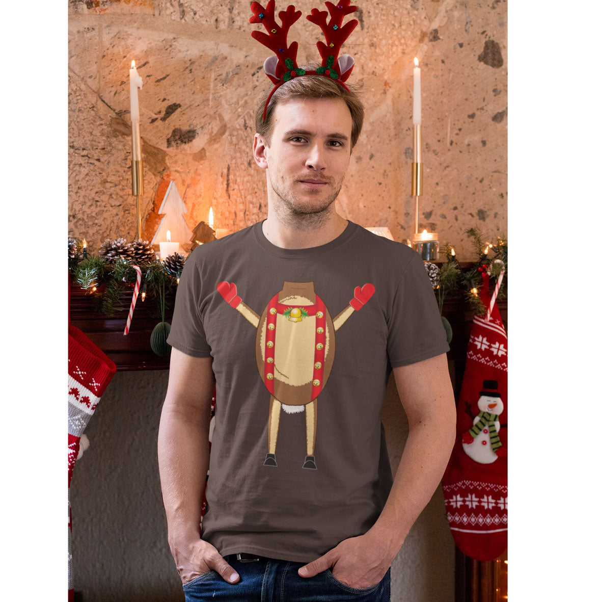 Christmas Costume Reindeer Body Brown Mens Costume T Shirt with Antlers Headband Men's T-Shirts Old Glory SM Brown 