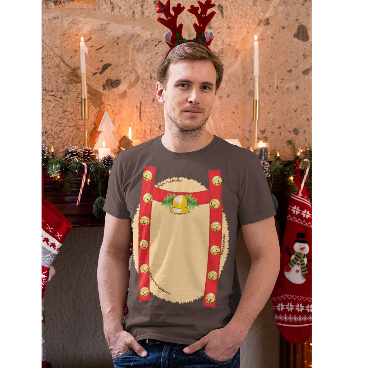 Christmas Costume Reindeer with Bells Mens Costume T Shirt with Red Antlers Headband Men's T-Shirts Old Glory SM Brown 