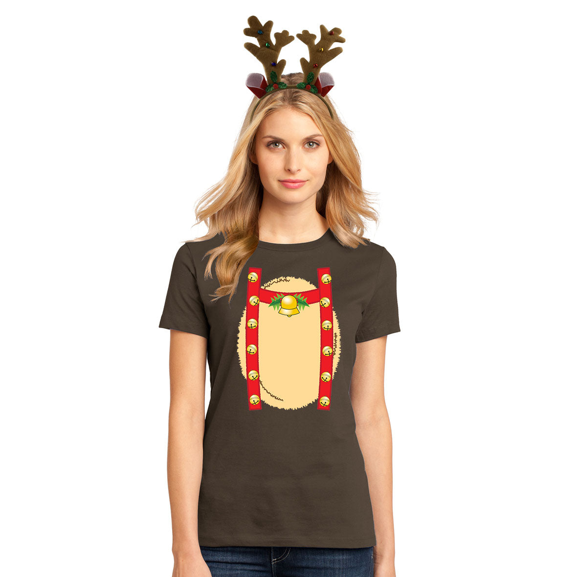 Christmas Costume Reindeer with Bells Juniors Costume T Shirt with Antlers Headband Junior's T-Shirts Old Glory SM Brown 