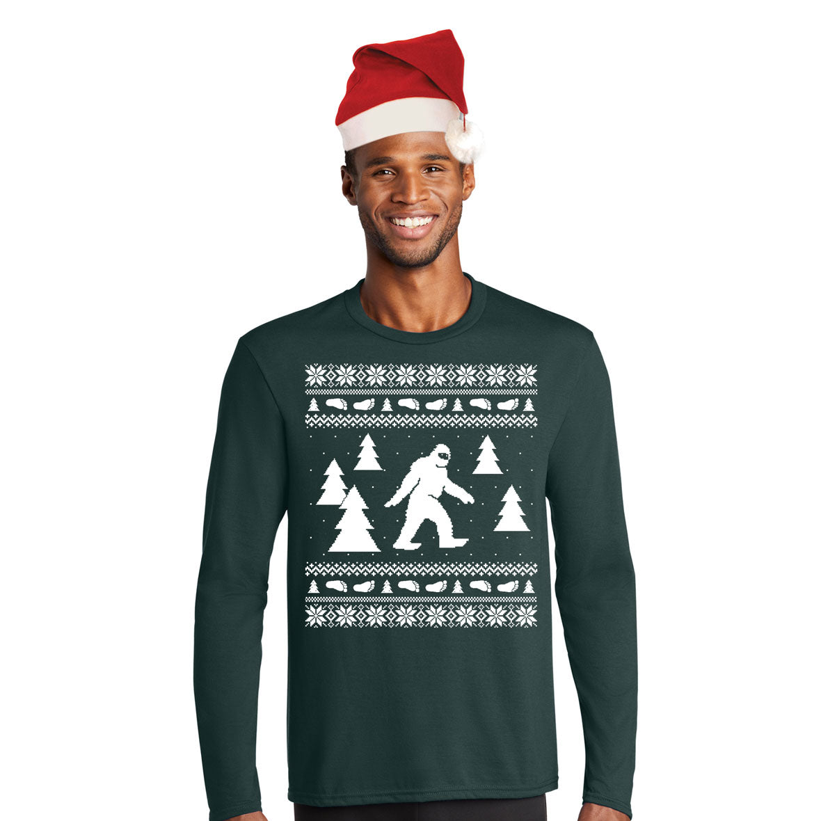 Sasquatch Ugly Christmas Sweater Green Mens Long Sleeve T Shirt with Santa Hat Men's Long Sleeves Old Glory SM Dark Green 