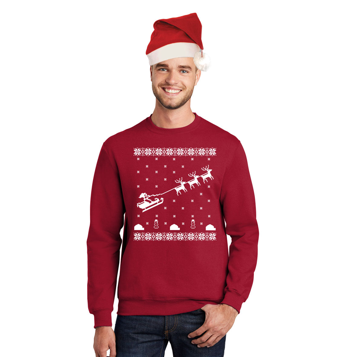 Flying Santa Sleigh Ugly Christmas Sweater Red Mens Crewneck Sweatshirt with Santa Hat Men's Sweatshirts Old Glory SM Red 